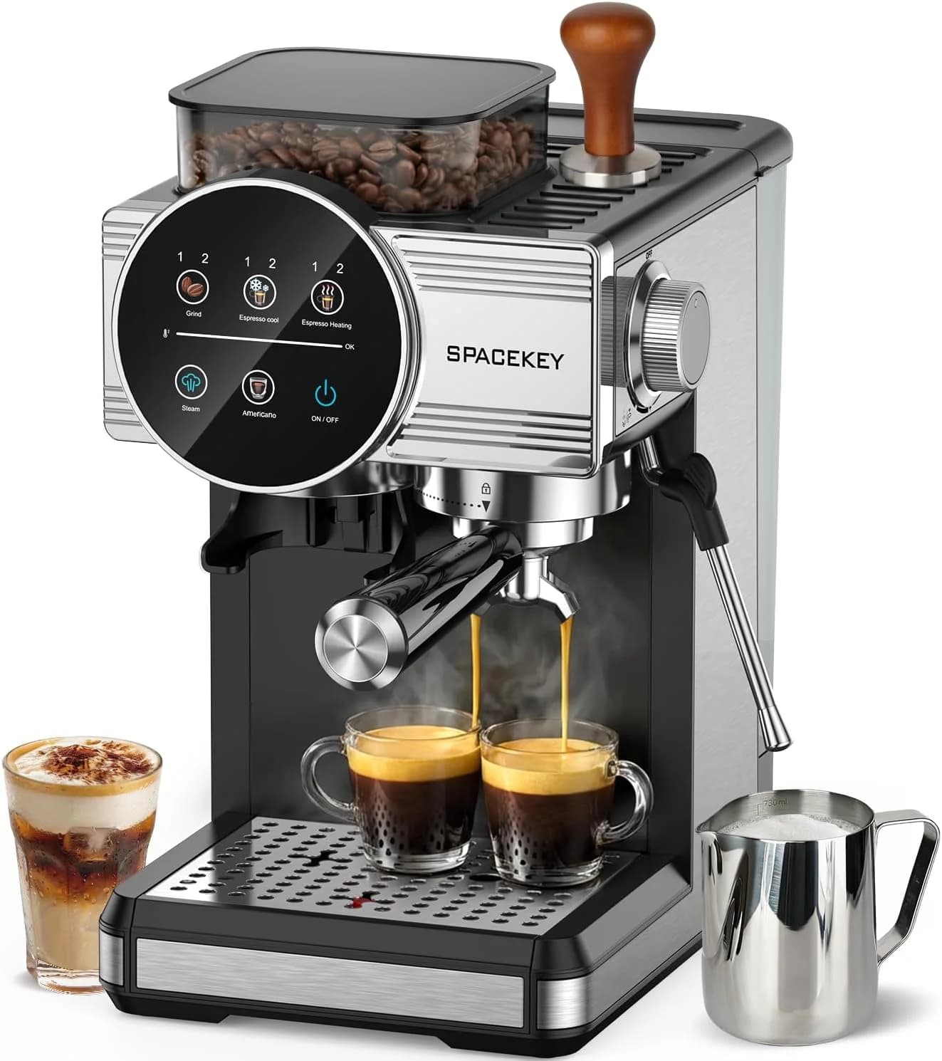 Espresso Machine with Grinder and Frother, 30 Grind Settings, 20 Bar